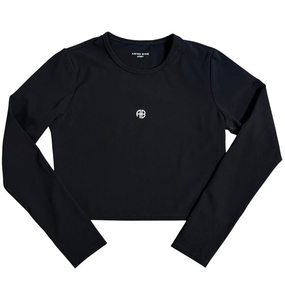 Anine Bing Sport Roxie Top Long Sleeve Active Cropped Logo Black Women’s Large - Picture 1 of 8